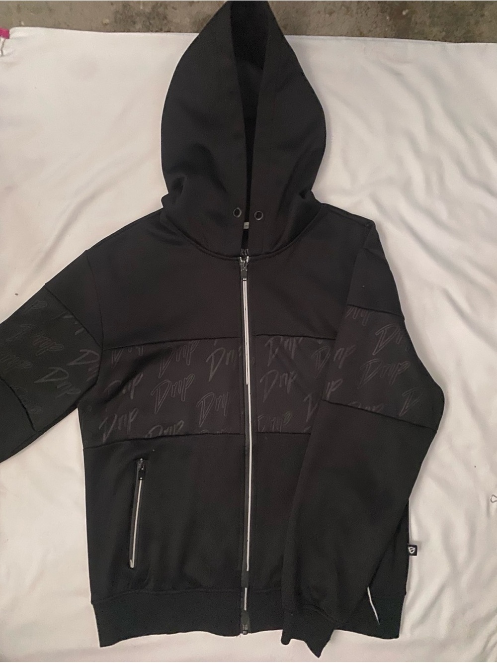 Black Hooded Zip Jacket with Script-Panel Detail